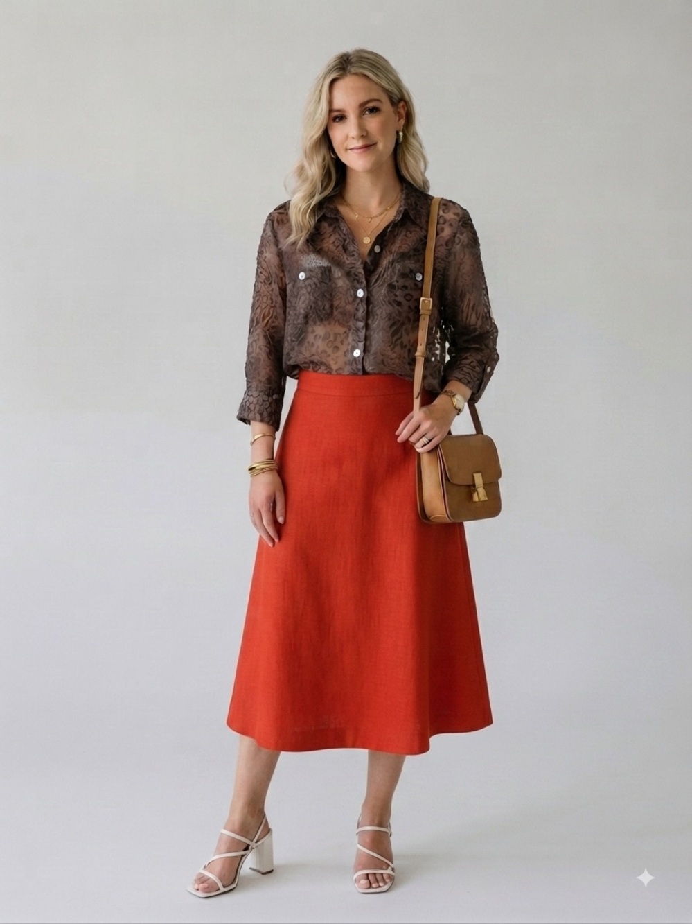 Ruby Rd. Brown Sheer Animal-Print Button Down Shirt